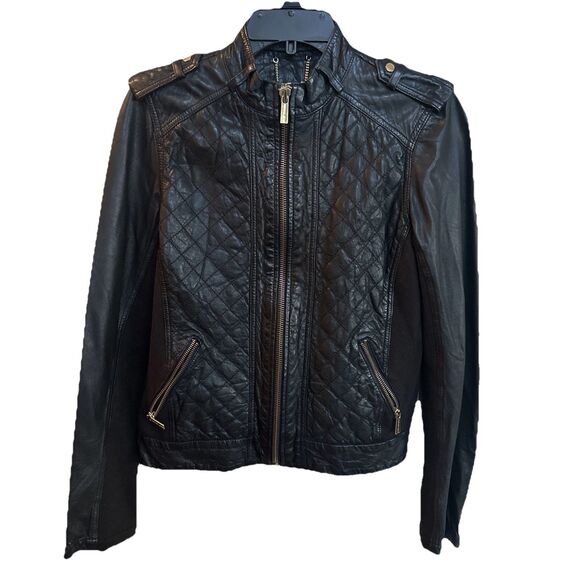 Michael Michael Kors Moto Jacket  Size Large Black Leather Long Sleeve Full Zip - Picture 1 of 8